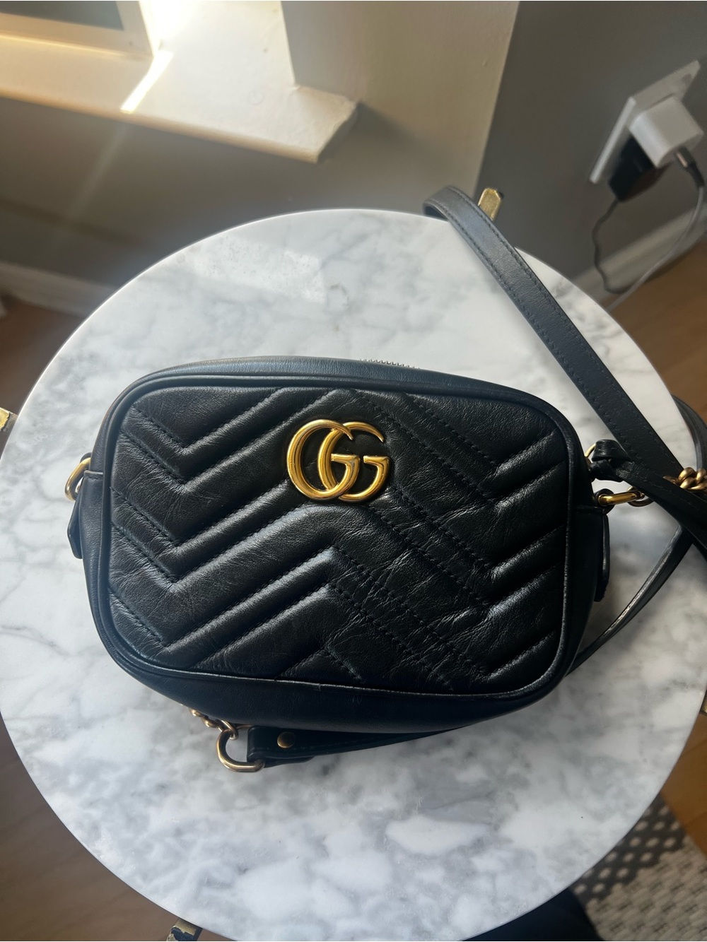 Mini Gucci Black Chevron Leather GG Marmont Crossbody